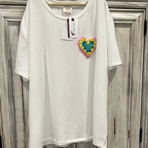 Magnolia White Short Sleeve Tee with Colorful Heart Embellishment